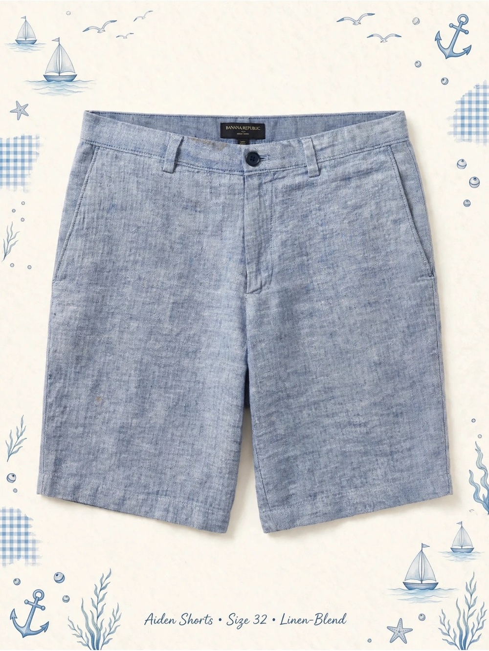 Banana Republic Aiden Short Mens 32 Light Blue Linen Blend Coastal Preppy